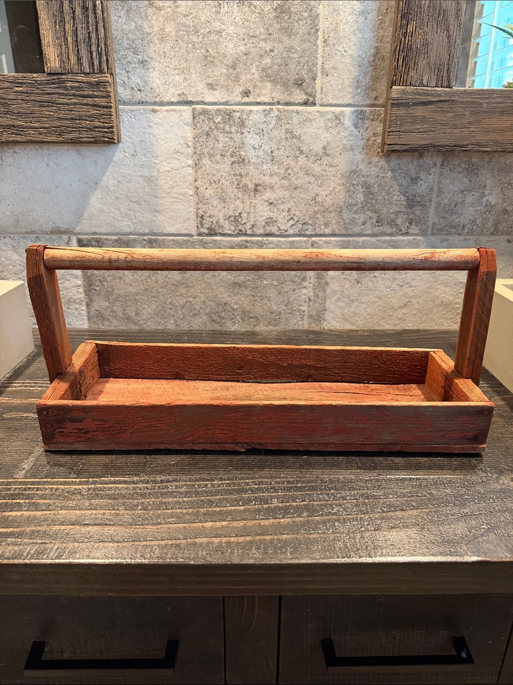 Rustic Red Wooden Caddy with Handle
